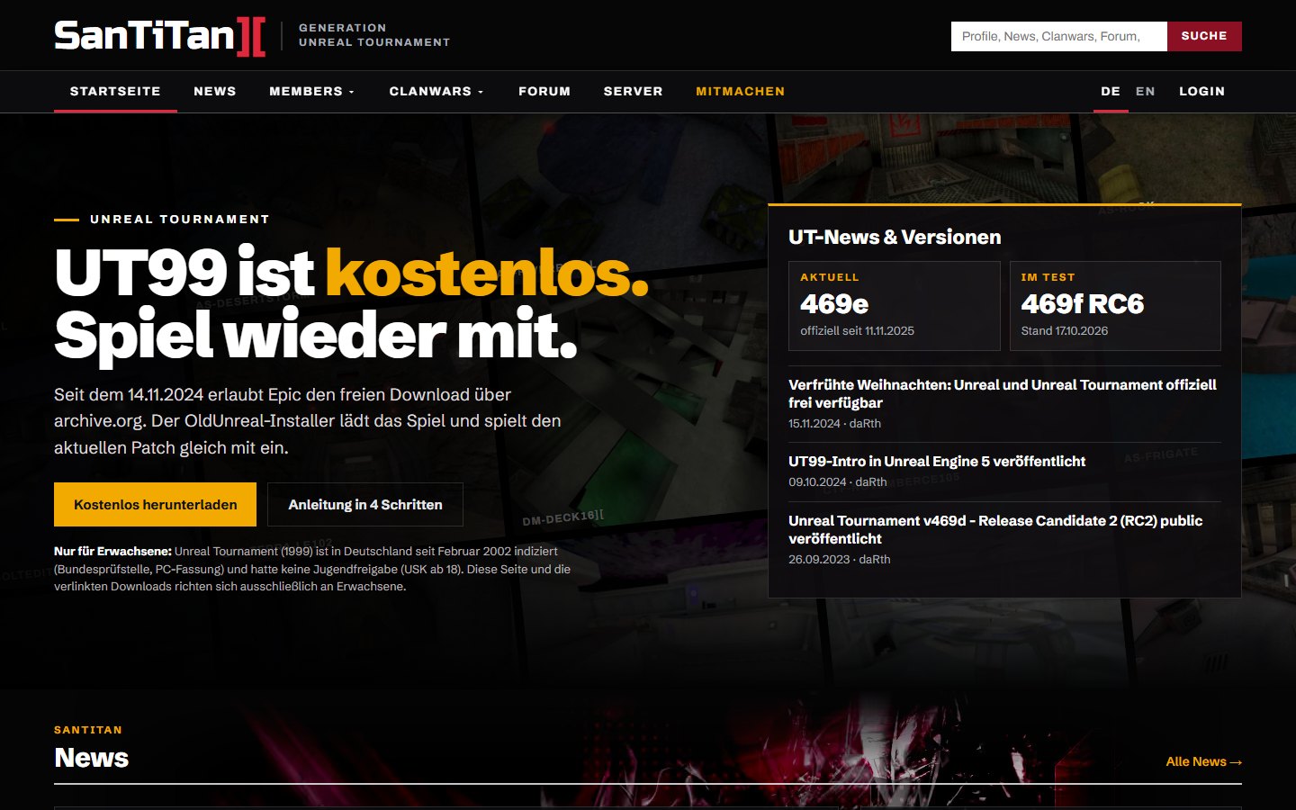 Die neue Startseite von santitan.de mit dem UT-Teaser oben.